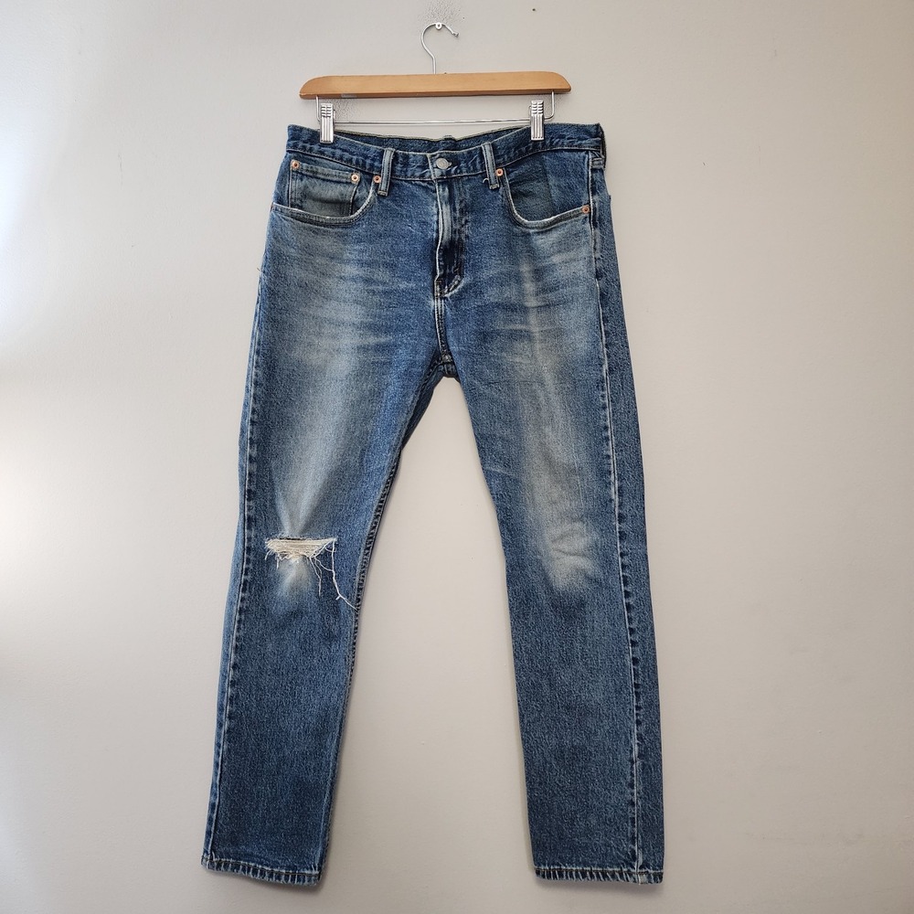 Levis 502 Jeans Mens 32x30 Blue Great Fade Distressed Tapered Whisker Stretch